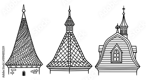 Line art architectural roof designs with ornate details and patterns