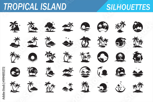 Tropical island silhouettes collection with beach paradise icons isolated on white background