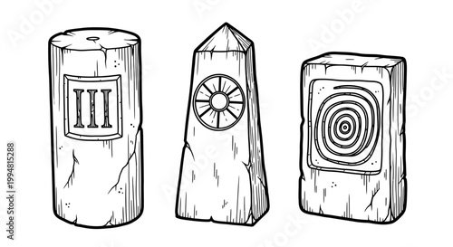 Ancient carved stone pillars with symbolic engravings in black and white sketch style