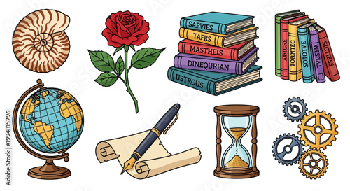 Vintage education set: books, globe, rose, nautilus, and more