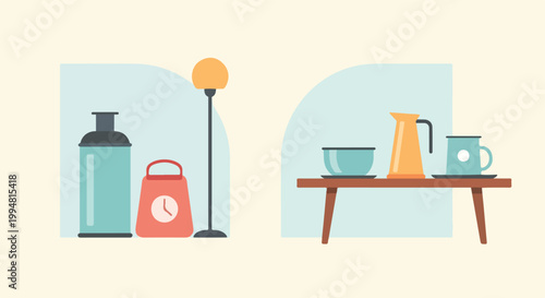 Minimalist household objects like a floor lamp, clock, and kitchenware are depicted in a clean, modern vector illustration style.