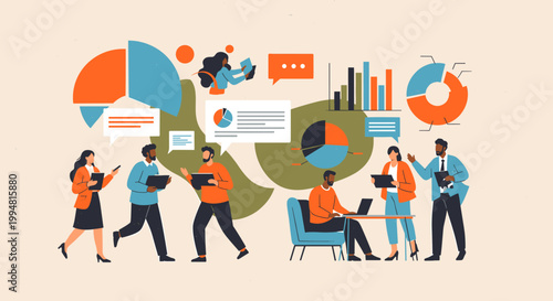 A stylish illustration of a woman walking while using a digital tablet. Perfect for conveying concepts of modern work, connectivity, and a fast-paced 