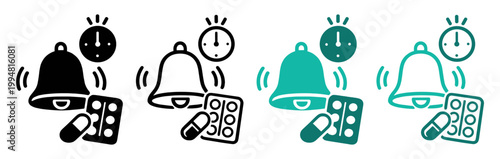 medicine reminder bell alarm pills icon set on transparent background