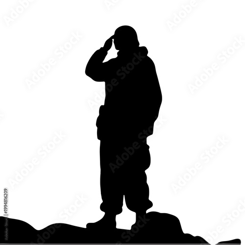 Soldier saluting while standing on rocky terrain, concept of Memorial Day  