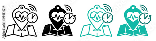 location heart pulse clock wireless map icon set on transparent background