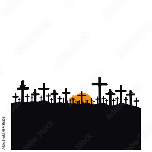 Graves with crosses silhouetted against a sunset for Memorial Day  