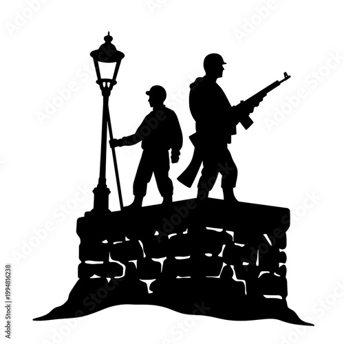 Silhouette of soldier and boy standing by lamp post on memorial stone Concept of Memorial Day  