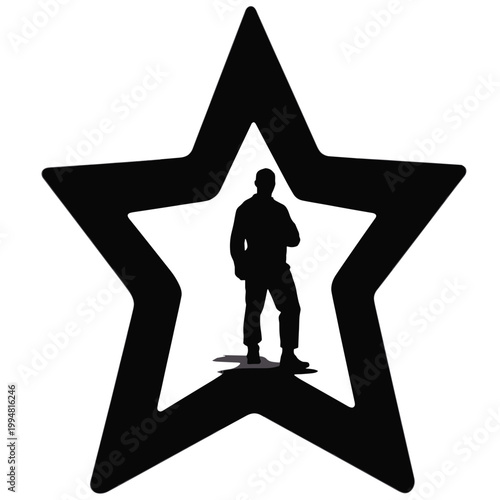 Silhouette of a soldier standing inside a black star symbol for Memorial Day  