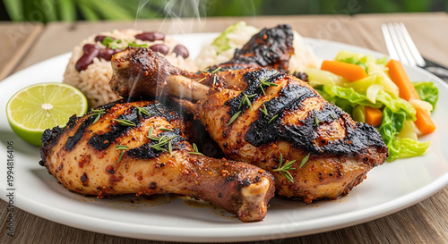 Delicious jerk chicken with rice beans and vegetables on transparent background