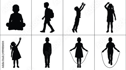 Collection of children silhouettes showing school activities play and daily actions including walking jumping and skipping rope isolated on white