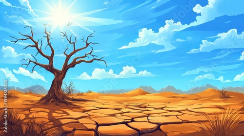 Arid desert landscape with cracked earth under a bright sun and blue sky, showcasing a single dry tree.