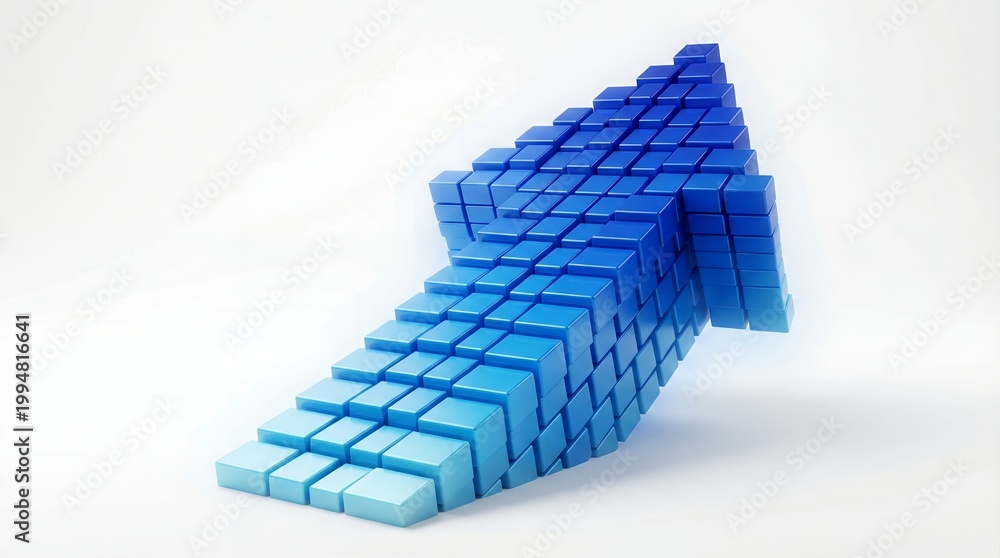 Fototapeta premium A 3D model composed of stacked blue cubes forming a curved and geometric structure on a white background
