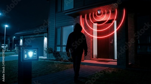 A silhouetted man triggers a motion-activated alarm system at night near a residential home.