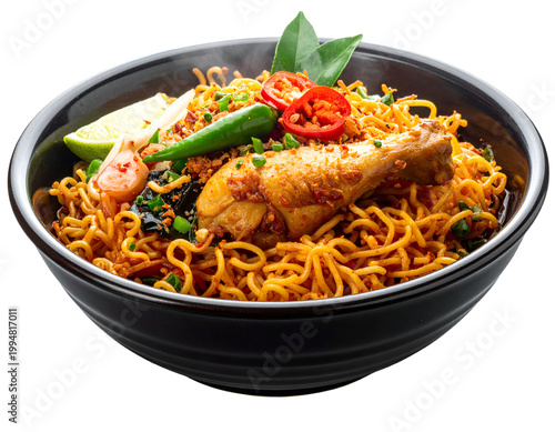 Savory noodle bowl with chicken, chilies, lime, and fresh garnishes