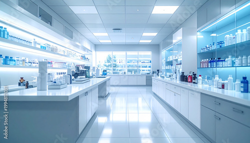 Medical-Health- A clean  blurred clinical lab or modern pharmacy.