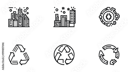 Eco-Conscious Graphics Collection: A set of six monochrome graphics represents environmental sustainability, technological innovation and urban development.