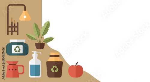 An illustration featuring eco-friendly household items like recycle bins, a potted plant, and a lamp on a divided brown and white background.