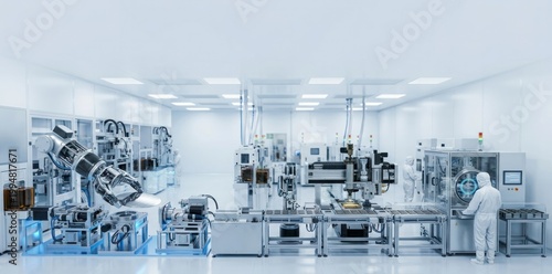 Advanced semiconductor cleanroom with robotic automation, wafer handling and microchip packaging equipment, precision manufacturing, inspection workflow and high tech industrial production.