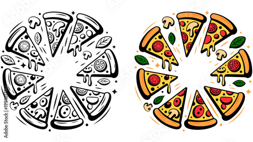 Pizza slices circle pattern vector illustration with toppings and ingredients, Hand drawn pizza set with pepperoni mushrooms and basil leaves