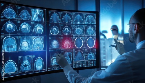 Medical professional analyzing brain scans on monitors in a modern clinic.