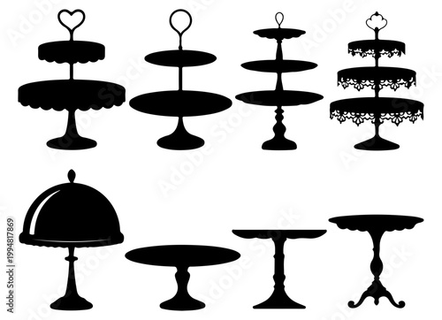 Pastry Display Silhouette Vector Set, Cake and Dessert Stand Vector Set, Cake Stand Vector Icons
