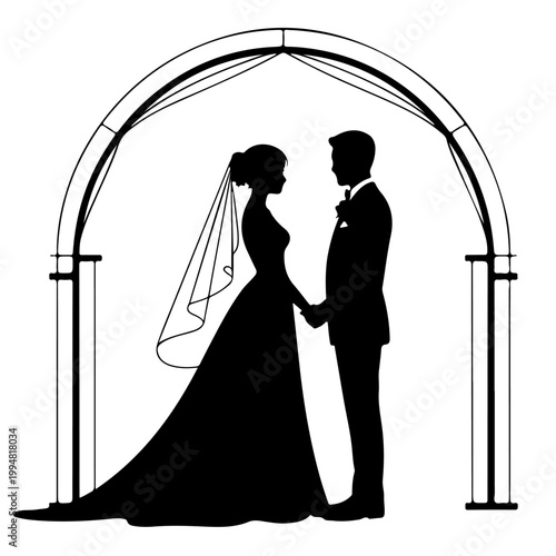 Wedding couple silhouette under floral archway with bride and groom, Romantic marriage ceremony vector illustration featuring a floral garden frame