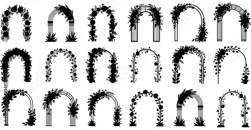 Ornate floral arch silhouette with hanging leaves and blooming flowers, Botanical garden frame archway vector for wedding and event decoration