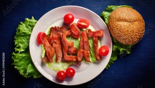 Meat letters on plate with burger bun and lettuce.