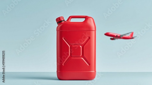 Red fuel canister standing on tabletop with small airplane