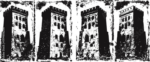 Old medieval stone tower with arched windows viewed from ground, black grunge vintage texture