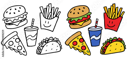 Hand drawn fast food doodle set with burger, fries, soda, pizza, taco, and drink icons, simple line art vector illustration on white background
