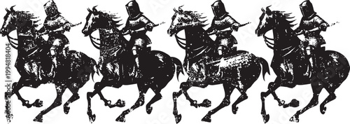 Medieval knight riding galloping horse in armor silhouette sequence