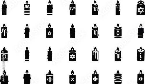 Set of burning candle silhouettes with various religious and decorative symbols on surface
