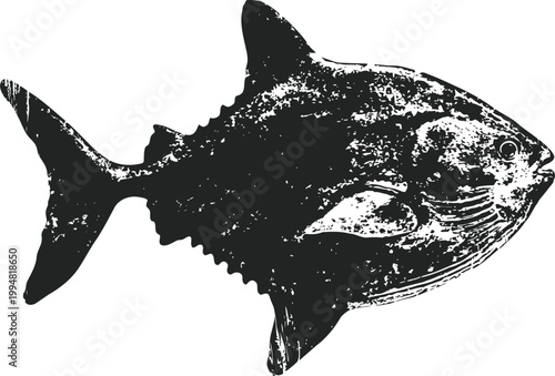 Black and white vintage illustration of a fish with detailed scales and fins