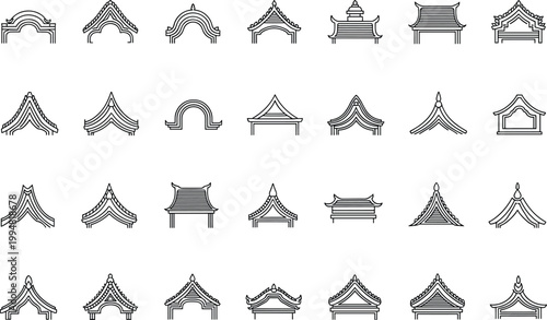 Set of decorative roof eaves and architectural elements in asian style isolated