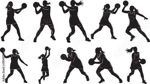 Netball Silhouette vector illustration. Women netball playing vector illustration.