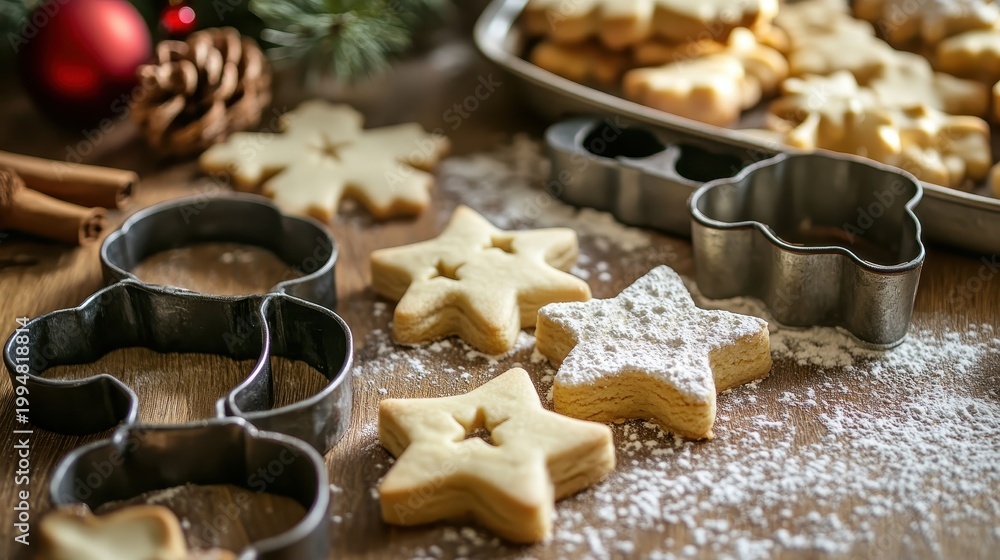 Fototapeta premium Festive Christmas star cookies dusted with powdered sugar with cutters on a rustic surface