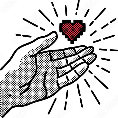Hand offering pixel heart with rays radiating love and energy illustration