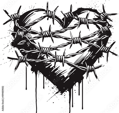 Grungy heart wrapped in barbed wire with paint splatters and drips, symbolizing pain and protection