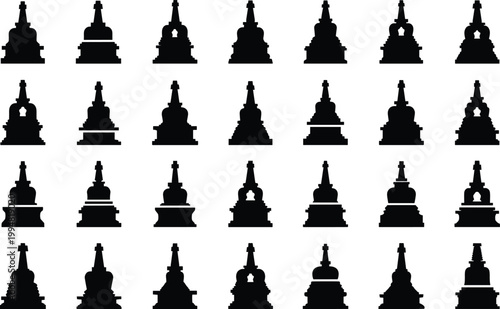Set of stupa silhouette vector, traditional buddhist monument, religious sanctuary design