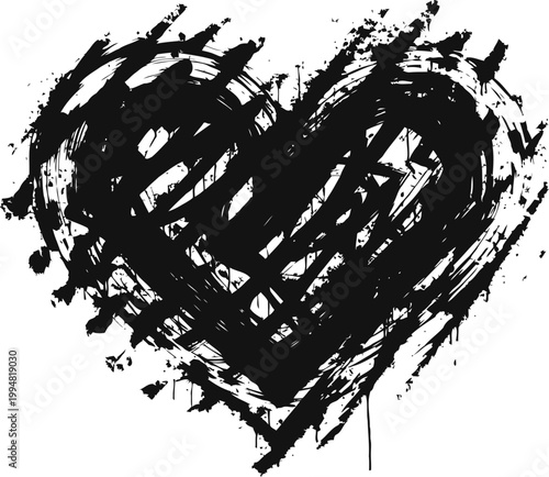 Grungy black heart silhouette with paint splatter strokes artistic design element background
