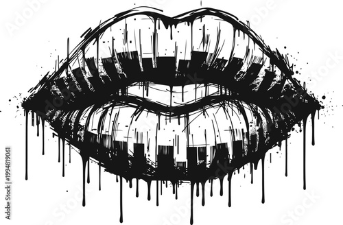Black dripping lips illustration with ink splatter effect and abstract paint dripping design