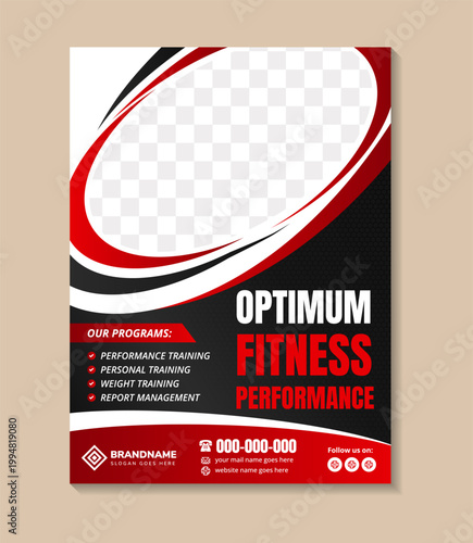 Optimum fitness gym Corporate business flyer design template with black and red color. sport brochure, Fitness gym poster. oval shape for photo space. trasparency hexagon line pattern.