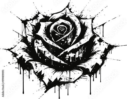 Grunge black rose illustration with ink splatters and dripping paint effect