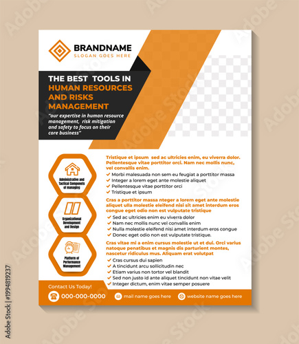 A flyer for the best in human resources and risk management. vertical layout template design with photo space. combination orange and black on elemet isolated on white background.