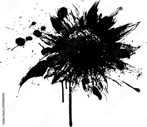 abstract black ink splatter sunflower silhouette with paint drips and artistic brush strokes