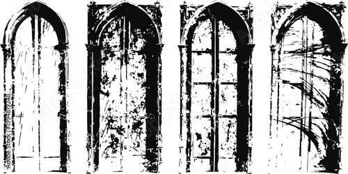 Set of four distressed gothic arched window silhouettes with paint splatter textured effect