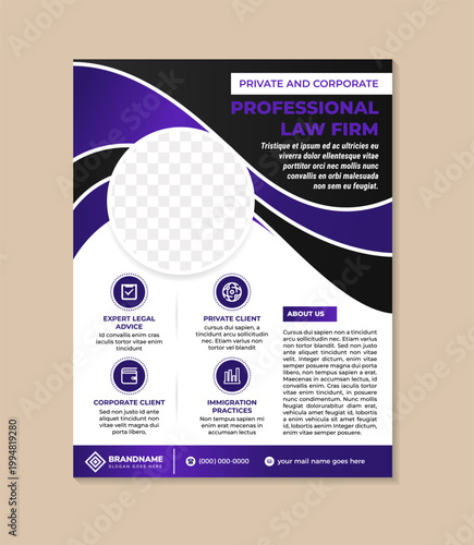 A flyer for private and commercial professional law firm. vertical layout template design with photo space. combination purple gradient and black on elemet. 