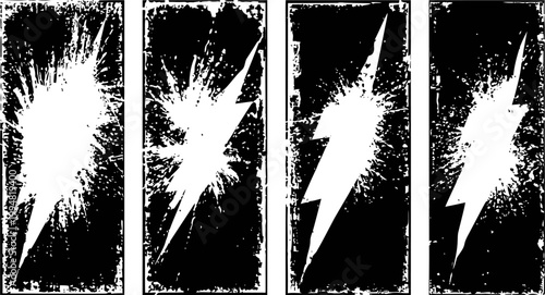Black and white lightning bolts in grunge distressed rectangular frames, rough vintage storm energy symbols
