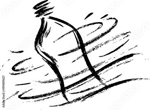 abstract black ink drawing of a spinning bottle with dynamic brush strokes on white background